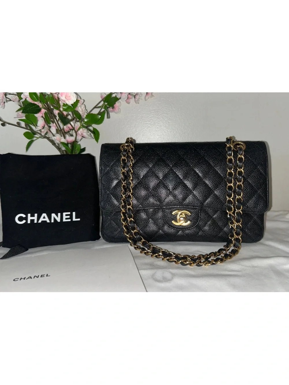 CHANEL Medium Classic Double Flap Caviar Quilted Handbag Black / Gold Hardware